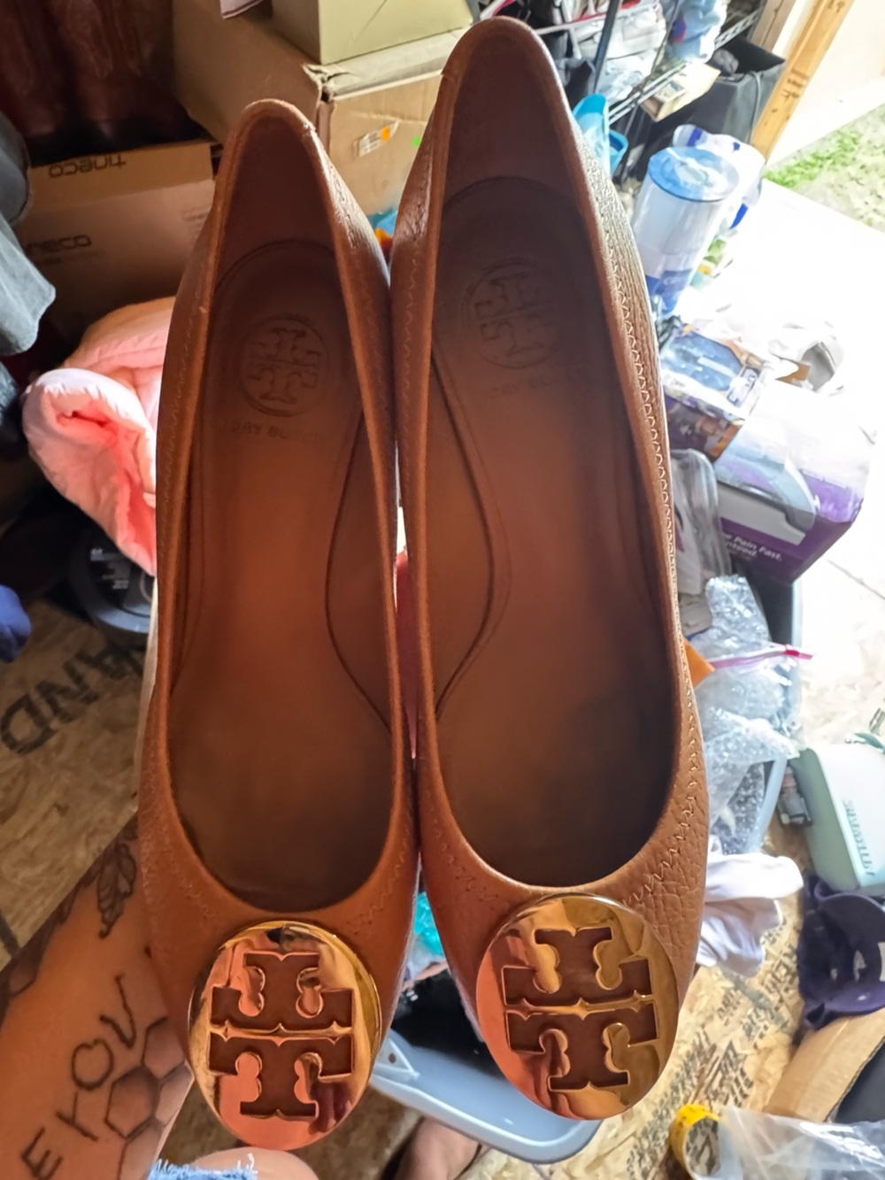 Tory Burch Wedge Heels Pumps  Size 7.5 Brown Leather Peep Toe Logo Office